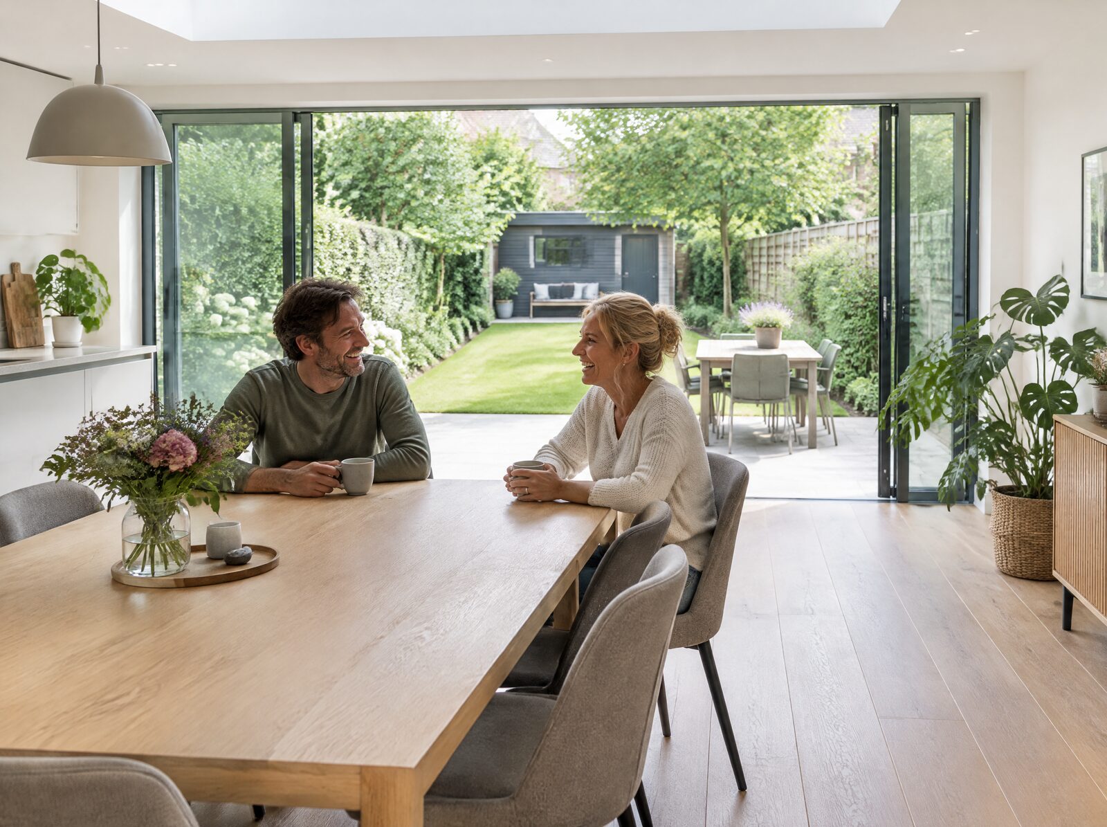 Een stel drinkt koffie aan een houten eettafel in een lichte uitbouw, met de glazen pui open naar de tuin.
