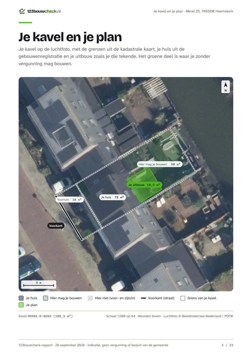 Pagina met de situatietekening: de luchtfoto van het perceel met de kavelgrens, het huis, de bouwzone en de groene uitbouw.