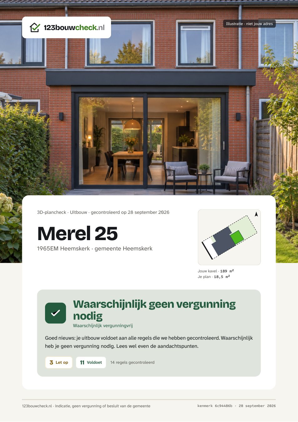 Omslag van het voorbeeldrapport: een foto van een uitbouw, het adres Merel 25 met een kaartje van de kavel en de groene uitkomst 'Waarschijnlijk geen vergunning nodig'.