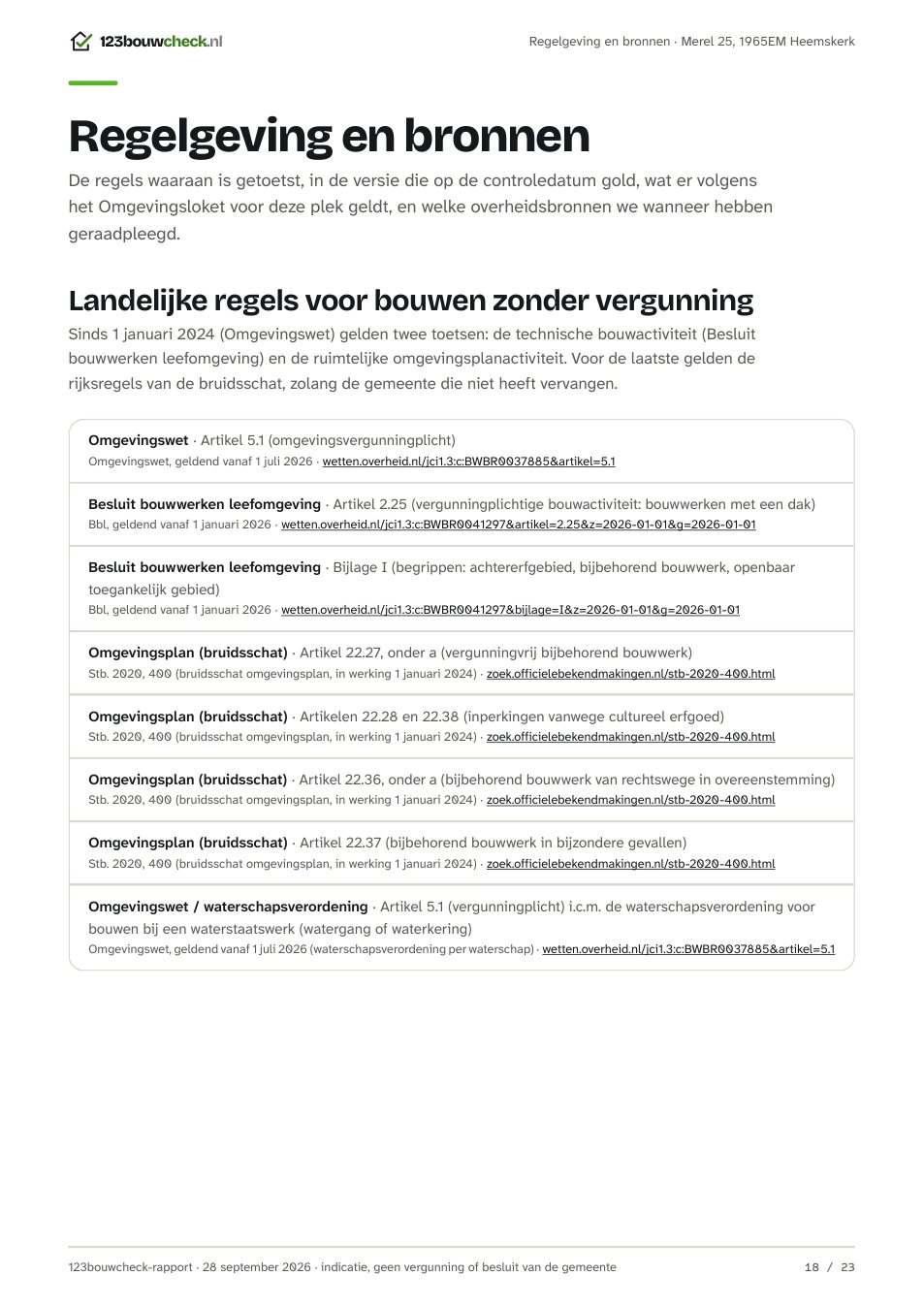 Pagina 'Regelgeving en bronnen' met de toegepaste wetsartikelen, elk met versie en link.